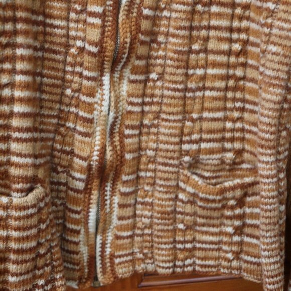 Vintage Handmade 70s Brown Plaid Chunky Knit Zip Cardigan Sweater LG - Picture 4 of 10